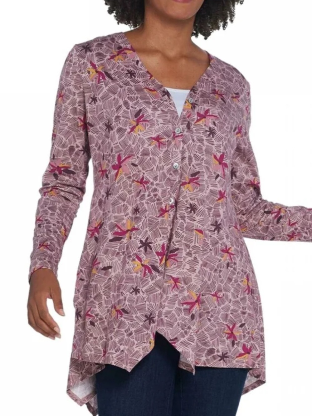 LOGO by Lori Goldstein Floral Jersey Knit Button Down Tunic Top Size XL V-Neck